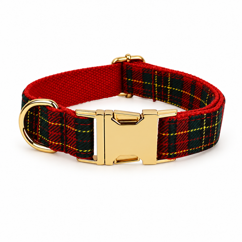 Collier pour chien à carreaux rouges seul, boucle dorée — Walker & Paw