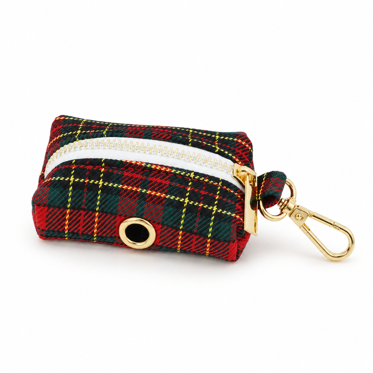 Pochette à sacs pour chien à carreaux rouges avec fermeture blanche et mousqueton doré