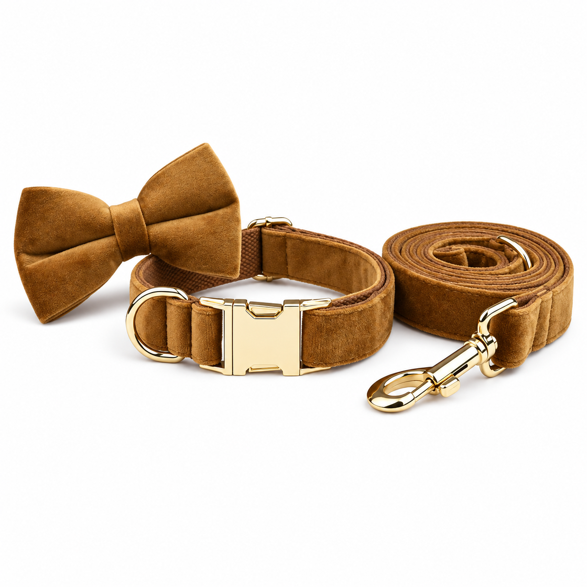 Ensemble laisse et collier avec nœud pour chien marron clair, finitions dorées, sur fond blanc
